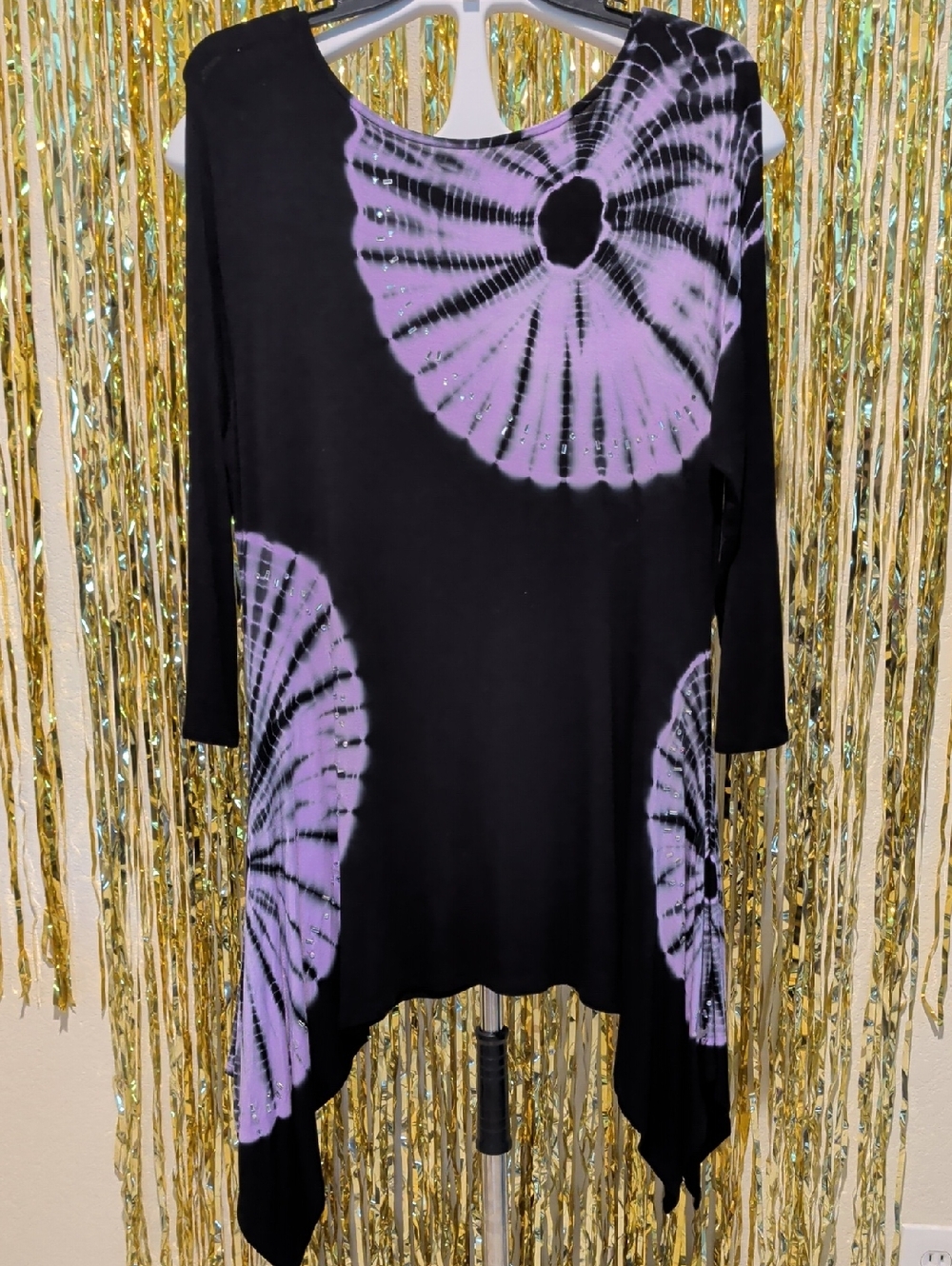 🔥SOLD - Black & Lilac Tie-Dye Asymmetric Women’s Top, Size L